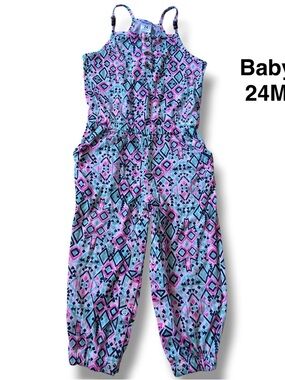 Baby Girls Printed Sleeveless Cotton Jumpsuit in Pink & Blue size 24 months